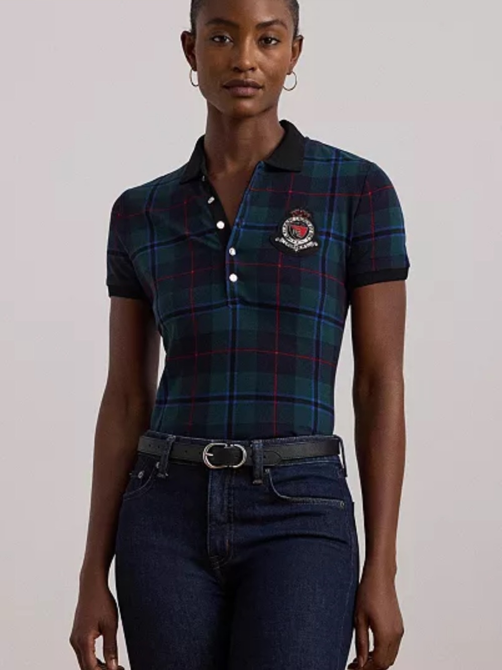 New Ralph Lauren Plaid-Beaded Crest Pique Polo Shirt Navy and Green Size XL